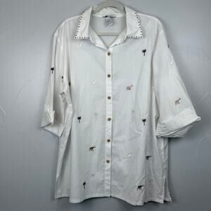 Vintage Safari-Core Shirt 2X | Stonebridge Embroidered Animals & Beaded Collar